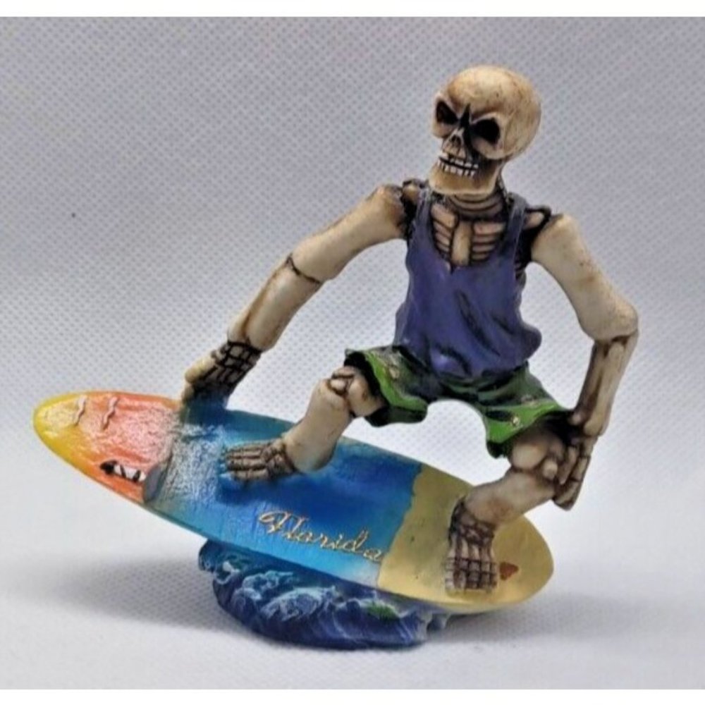 Skeleton on Surfboard Figurine Florida Surfer Dude Goofy Foot Off the Hook Waves